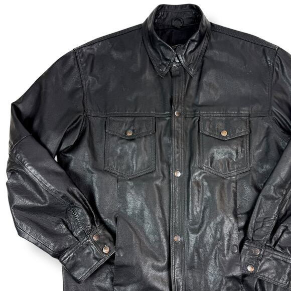 Vintage LEATHER KING Men's black genuine leather button down jacket shirt SMALL - Picture 12 of 15